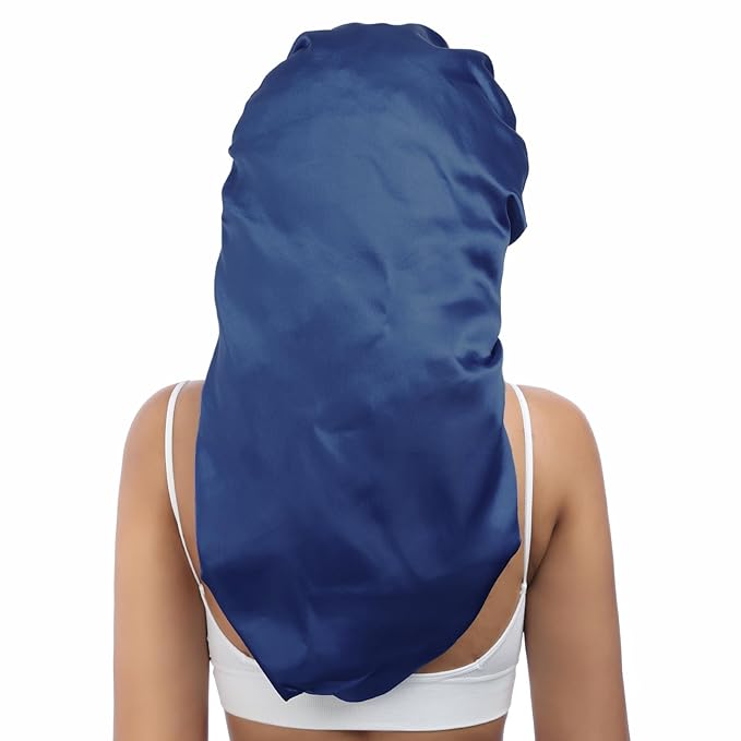 AWAYTR Long Satin Bonnet for Braids - Elastic Silk Hair Bonnets for Sleeping Night Cap Stretchy Tie Band for Women(Navy Blue)