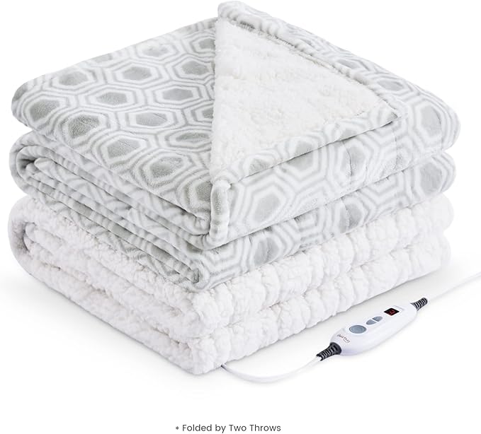 Bearhug Electric Throw Blanket 50" x 60", Reversible Velvet & Sherpa Heated Throw, 6 Heating Levels & 4H Auto Off, Over-Heat Protect, ETL Certification, Machine Washable