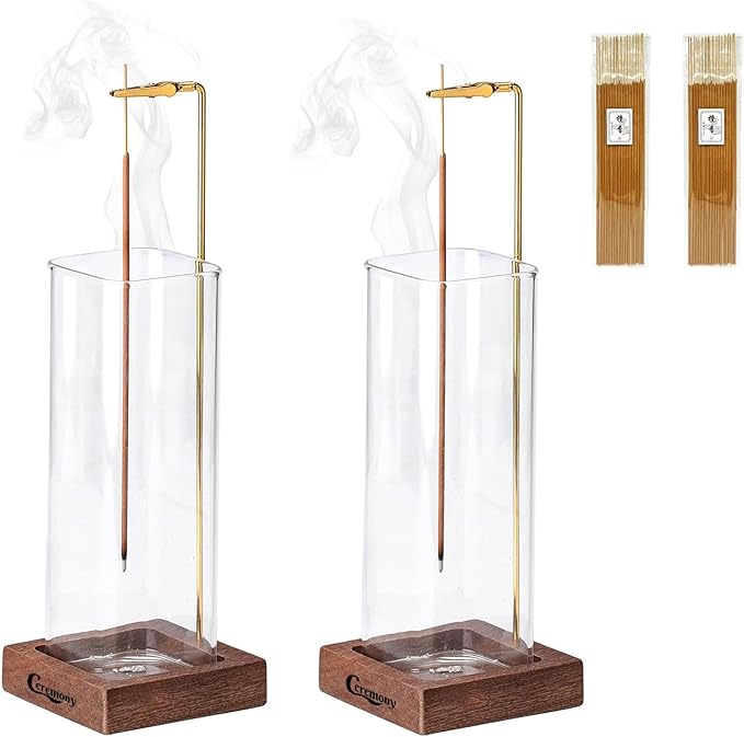 Ceremony Incense Holder๏ผ2 Pack Wood Incense Holder for Sticks with Glass Ash Catcher๏ผIncense Burner for Meditation Yoga Spa Room Decor