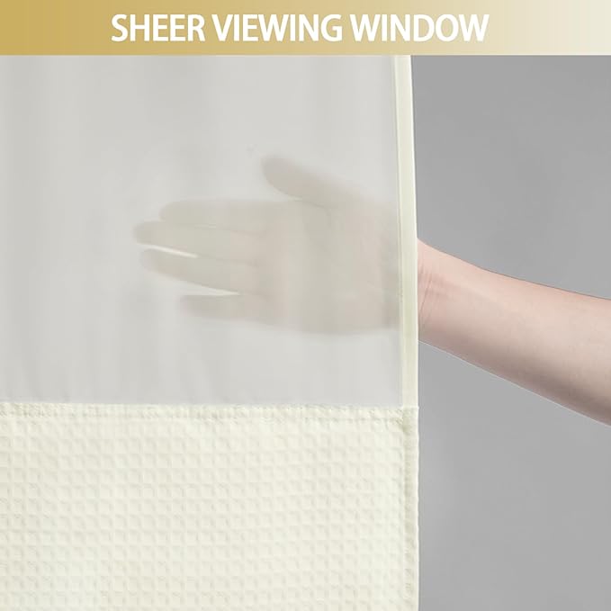 YellyHommy No Hook Shower Curtain with Snap in Liner Set Less Waffle Shower Curtain for Bathroom (Cream, 87" L x 72" W)