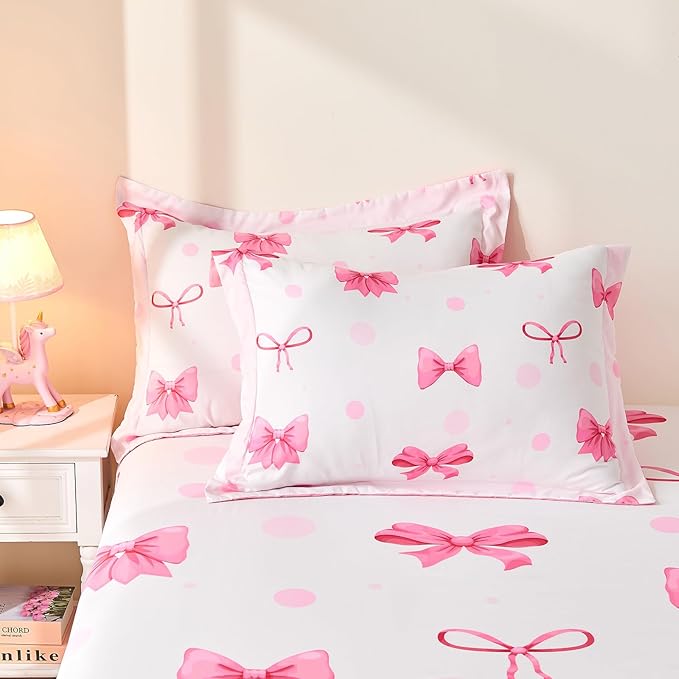 Wajade 7 Piece Pink Bow Bedding Set for Girls Kids Full Size Comforter Set with Sheet and 2 Pillowcases 2 Pillow Shams Cute Girls Bed in a Bag as Birthday Choice