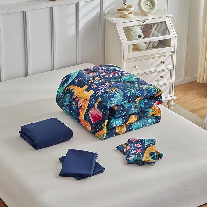Wajade 7 Piece Dinosaur Comforter Set for Boys 3D Blue Dinosaur Print Bedding Set for Kids Teens Bed in A Bag Twin Size (1 Comforter, 1 Flat Sheet, 1 Fitted Sheet, 2 Pillowcase and 2 Pillow Sham)