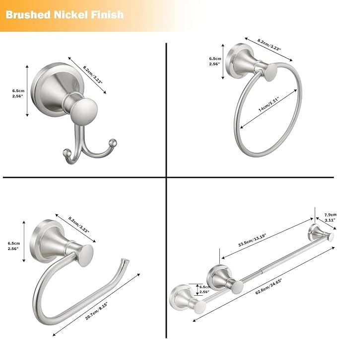 Hoimpro Brushed Nickel 4-Piece Bathroom Bath Set, Wall Mount Bathroom Hardware Fixture (Adjustable Towel Bar Rack, Towel Ring Holder, Paper Towel Holder, Double Towel Hook), Bathroom Accessories