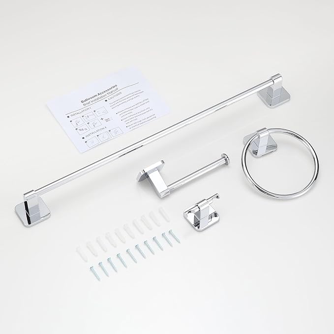 Bathroom Accessories Set, 4 Pieces Bathroom Hardware Set, 24 inch Towel Bar, Towel Racks, Robe Towel Hooks, Toilet Paper Holder Wall Mounted Or Self-Adhesive,Stainless Steel and Plastic (Chrome)
