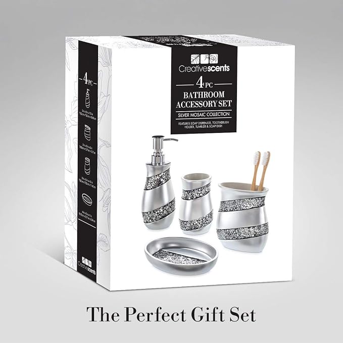 Creative Scents Silver Bathroom Accessory Set - Mosaic Glass Bathroom Soap Dispenser Set; 4-Piece Bathroom Set Includes: Lotion Dispenser, Toothbrush Holder, Tumbler & Soap Dish - Gift Packaged