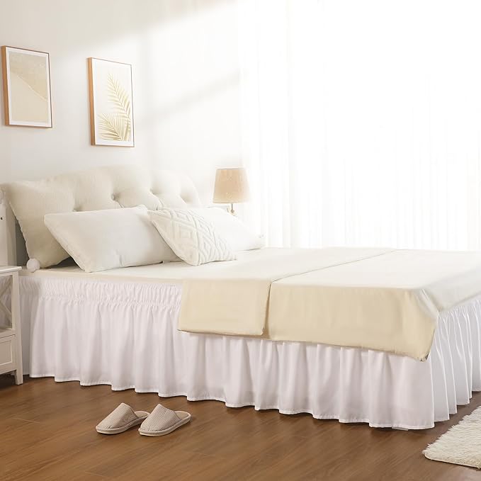 RIMELA Bed Skirting Queen Size White Bed Skirt 21 Inch Drop, Wrap Around Elastic Adjustable Bedskirt, Dust Ruffle for Bed Frame & Box Spring Soft Durable Fabric Machine Washable Easy to Install
