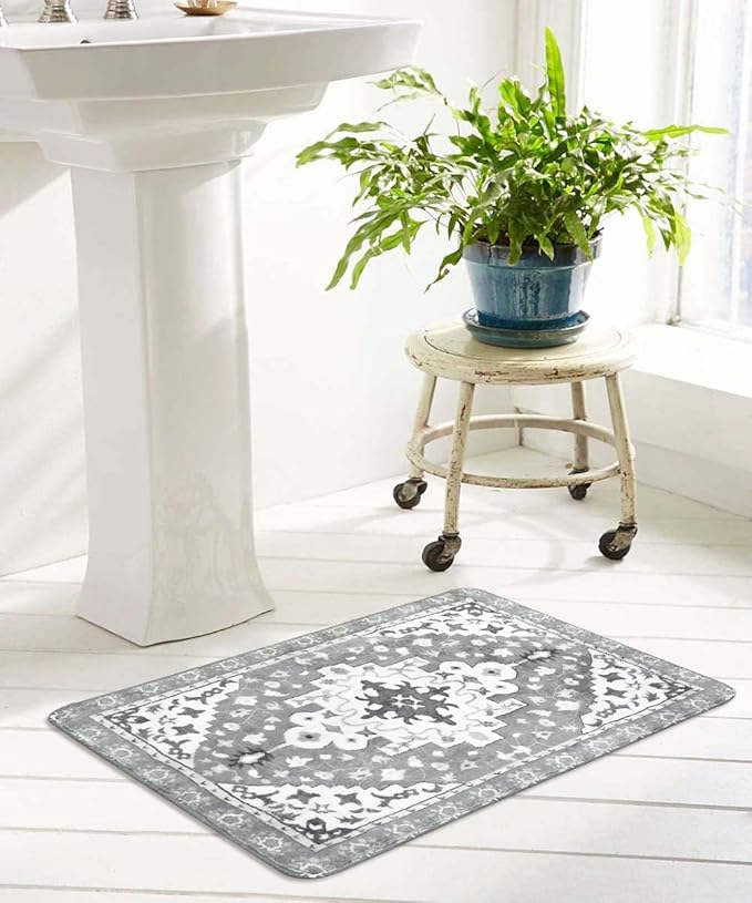 Uphome Boho Vintage Bathroom Rugs Gray Non-Slip Soft Bath Mat Machine Washable Oriental Small Bath Rug Traditional Tribal Floral Bath Mats for Sink Shower Doorway Tub, 18x25 inch