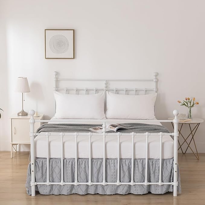 Bed Skirt King Size Ruffled Bed Skirt with Split Corners, 14 Inch Drop Dust Ruffle Bed Skirts with Platform, Boho Tufted Shabby Chic Full Size Bed Skirts, Light Grey