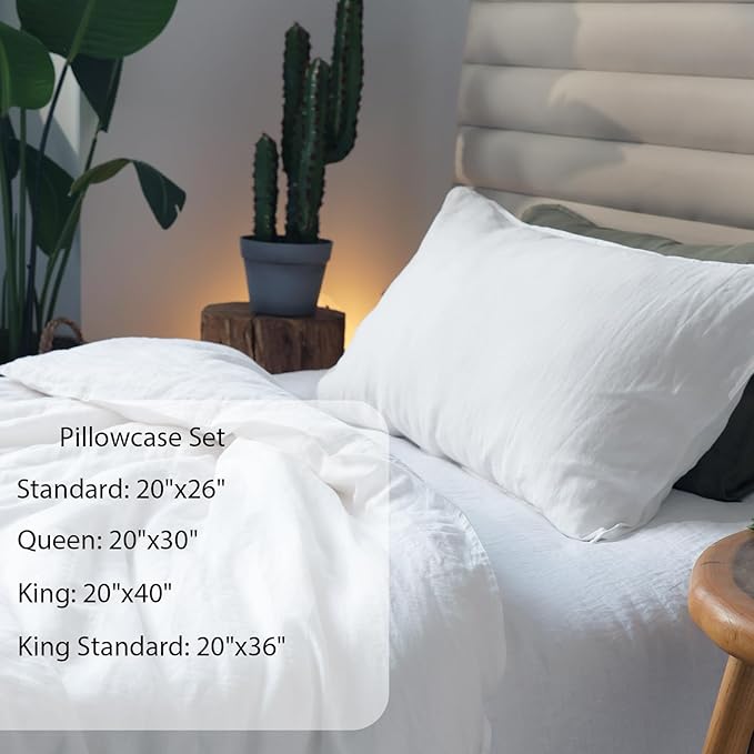 XZ XIFA Standard Pillowcases - 2 Pack - Envelope Closure - 100% Natural Washed French Flax, Breathable, Durable, Textured Pillow Covers 20"x26"(Standard, White)