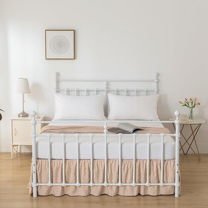 Bed Skirt King Size,Ruffled Cream Bed Skirt with Split Corners,King Bed Skirt 14 Inch Drop, Boho Tufted Shabby Chic King Size Bed Skirt, Bed Skirts King Size
