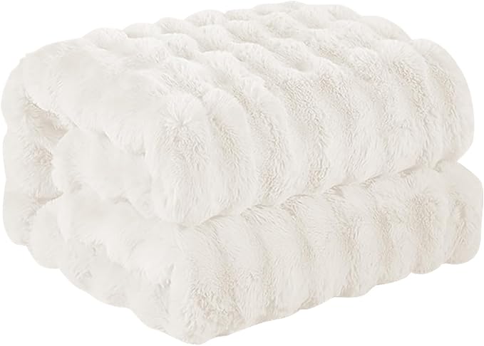Faux Rabbit Fur Throw Blanket, Luxury Soft Warm Bubble Blanket for Bed, Couch, Sofa, Beige, 50" X 60"