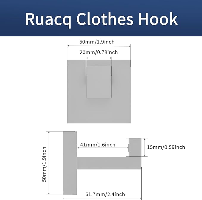 Ruacq Towel Hooks for Bathrooms, 2pcs Square Base Robe Coat Clothes Hook Wall Mount, SUS 304 Stainless Steel Wall Hooks for Hanging, Heavy Duty(Brushed Nickel)