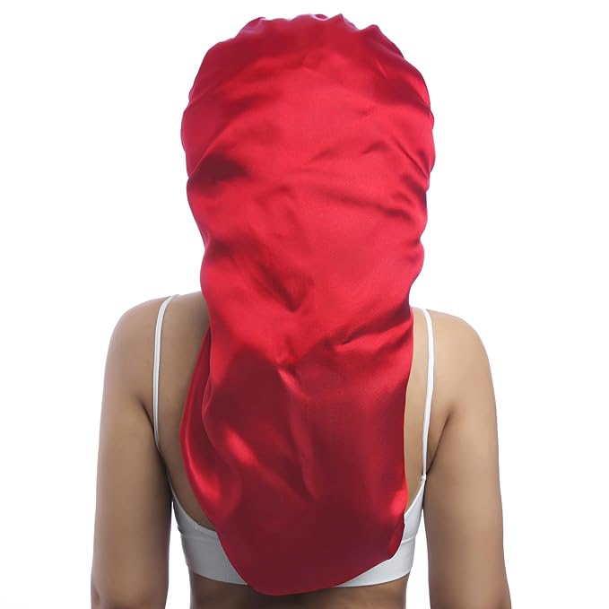 AWAYTR Long Satin Bonnet for Braids - Elastic Silk Hair Bonnets for Sleeping Night Cap Stretchy Tie Band for Women(Wine Red)