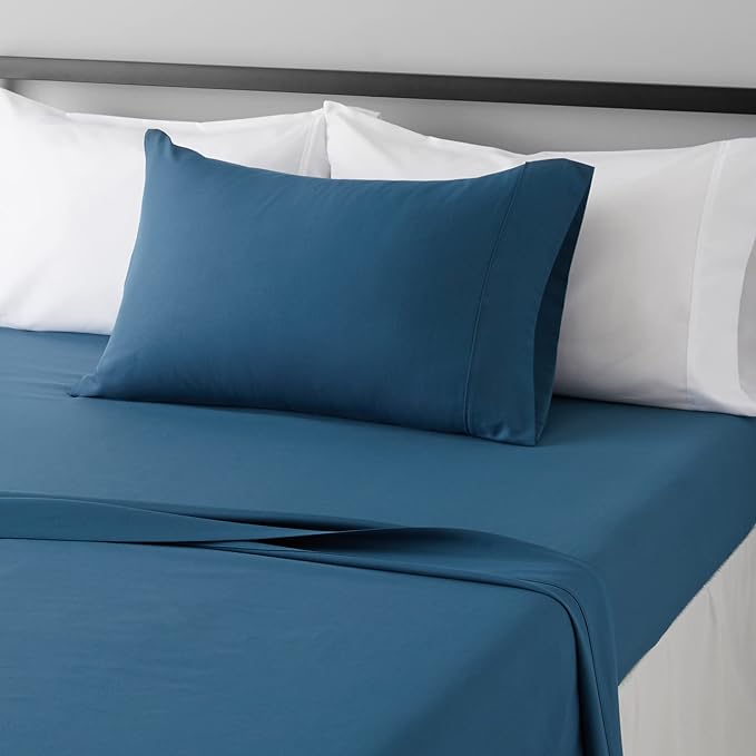 Amazon Basics Lightweight Super Soft Easy Care Microfiber 3-Piece Bed Sheet Set with 14-Inch Deep Pockets, Twin, Dark Teal, Pack of 4, Solid