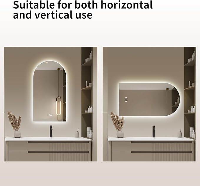 Arched Shaped LED Bathroom Mirror with dimming Lighting, 24V, 3 Color temperatures, defogger, 5MM Silver Glass (40" L x 24" W)