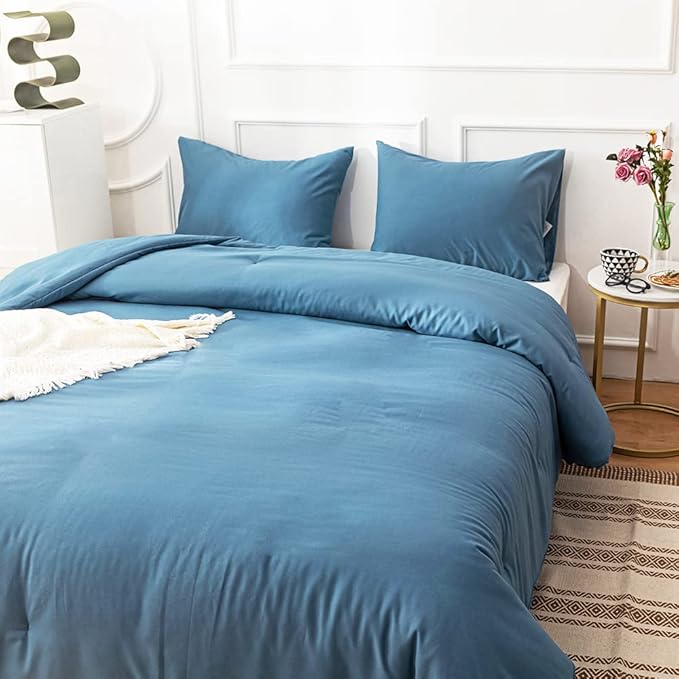 Cottonight Lake Blue Comforter Sets Queen Blue Modern Bedding Comforter Set Full Size Haze Blue Solid Blanket Quilts Lightweight Breathable 3 Piece Bedding Comforter for Alll Ages Season