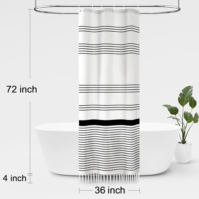 Awellife Black and White Boho Shower Curtain for Bathroom Stripe Tassel Shower Curtain Farmhouse Cotton 72" L x 36" W