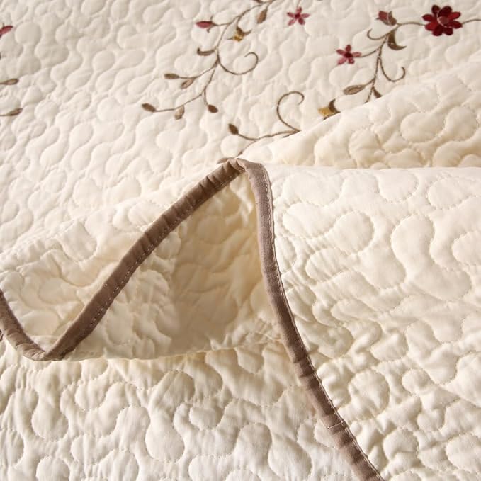 Quilt Set Floral Leaves 3D Embroidery Pattern 3 PCS Cotton Reversible Quilted Embroidered Decorative Bedspreads Coverlet Set, Lightweight &Soft Queen Size Beige Bedding Coverlet for All Season