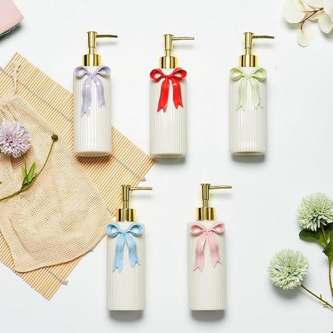 Handmade Ceramic Bow Soap Pump Dispenser Hand Lotion Liquid Dispenser Refillable for Kitchen and Bathroom Decorative (Ribbon Lavender)
