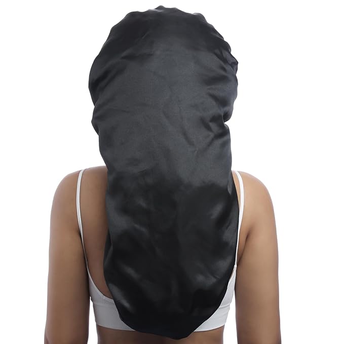 AWAYTR Long Satin Bonnet for Braids - Elastic Silk Hair Bonnets for Sleeping Night Cap Stretchy Tie Band for Women(Black)