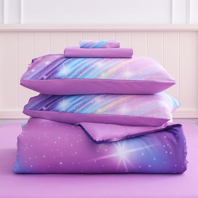 Rainbow Bedding Set Twin Size โ 7 Piece Reversible Girls Comforter with Deep-Pocket Sheet, Gradient Galaxy Design, Whole-Piece Filling, Machine Washable Bed-in-a-Bag for Kids Room Makeover & Gifts