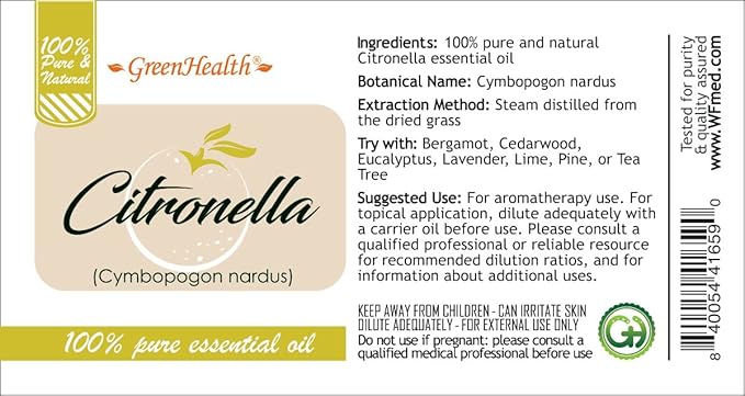 Citronella Essential Oil - 16 fl oz (473 ml) ā 100% Pure Essential Oil - GreenHealth