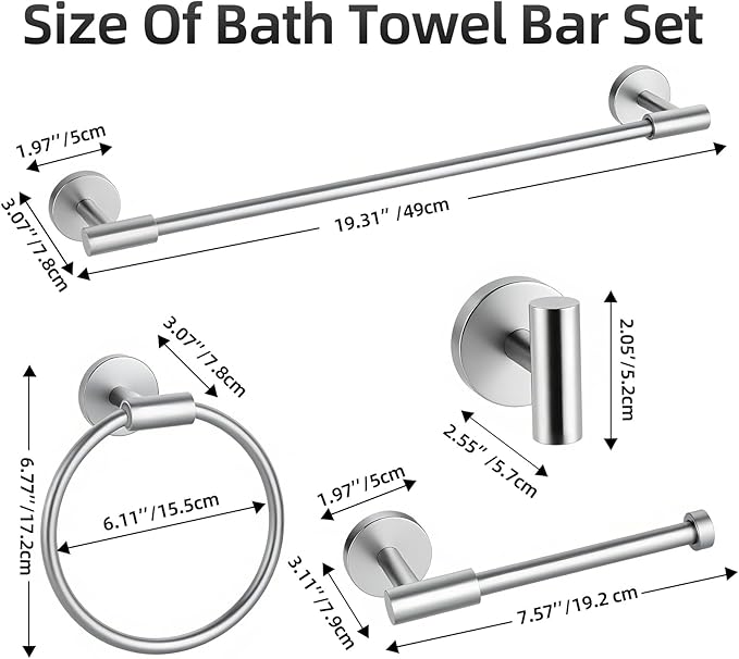 Brushed Nickel Bathroom Hardware Accessories Set, Bathroom Towel Holder Set 10 Pieces, SUS304 Stainless Steel Towel Bar Set Wall Mounted-19 InchTowel Bars, Paper Towel Holder, Towel Hook, Towel Ring