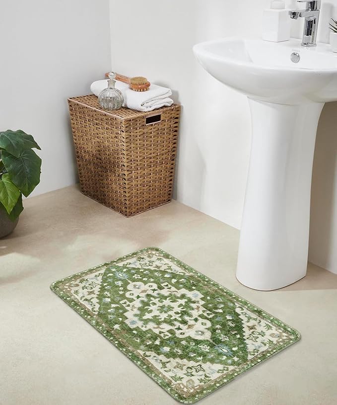Uphome Vintage Tribal Bath Mat Sage Green Boho Non-Slip Bathroom Rug Oriental Soft Machine Washable Bathroom Mat Cute Aesthetic Floral Bath Mats for Bathroom Decor for Sink Tub Door Mat, 18x25 inch