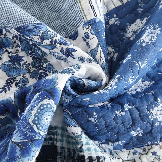 Cotton Bedspread Quilt Bedding Sets 3 Pieces Reversible Coverlet Sets Comforters Rustic Floral Patchwork Blue White Bedspread, Queen Size