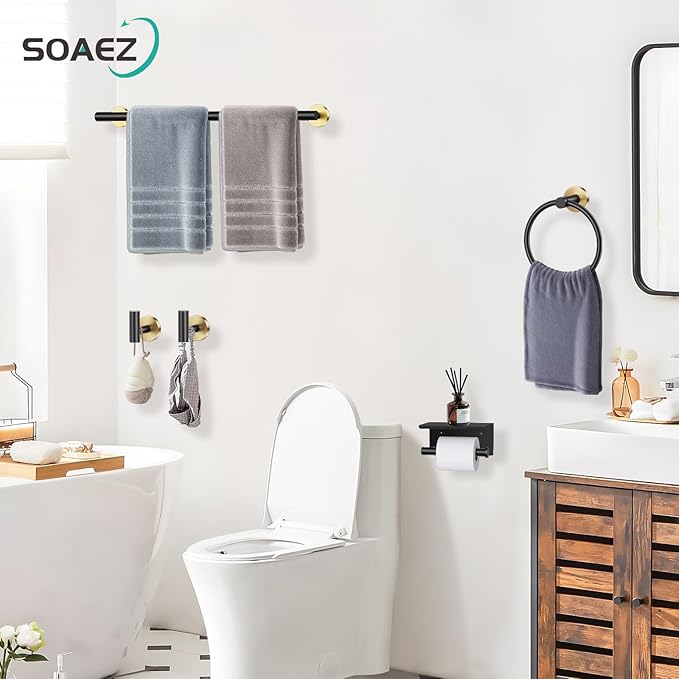 Black and Gold Bathroom Hardware Set, 5 Pieces Towel Bar Bathroom Accessories, Upgraded Toilet Paper Holder with Shelf Set, 23.6 Inch Towel Rack Towel Holder for Bathroom Wall