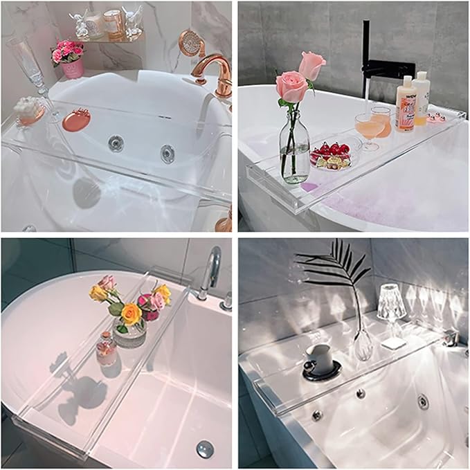 Bathtub Tray Table, Clear Acrylic, Anti-Slip Bath Caddy, (Blue, L32.3″ x W7.87″ x H1.18″)
