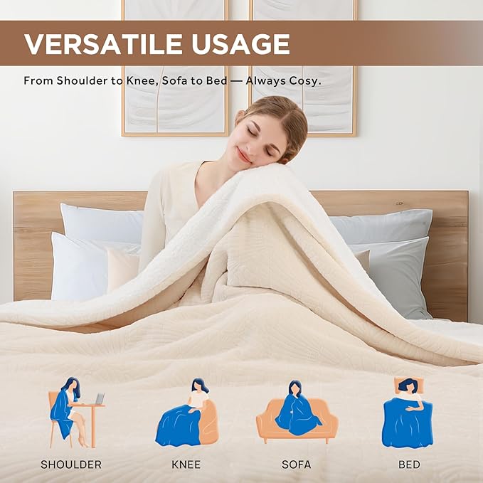 Westinghouse Electric Blanket Queen, Flower Jacquard Heated Blanket Queen Size with 10 Heating Levels and 1-12 Hours Auto-Off, Flannel to Sherpa Reversible, Machine Washable (84" x 90", Beige)