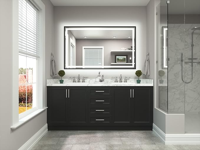 TETOTE 60 x 36 Large Bathroom Mirror Brushed Black Metal Frame Frontlit & Backlit Vanity Mirror 3 Colors White/Warm/Natural Stepless Dimmable Anti-Fog Bathroom Mirrors for Vanity Wall-Mounted