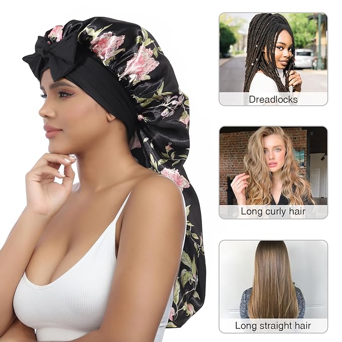 AWAYTR Long Satin Bonnet for Women - Double Layer Elastic Silk Bonnet for Braids Hair Sleeping Cap with Tie Band (Black Flower+Green)