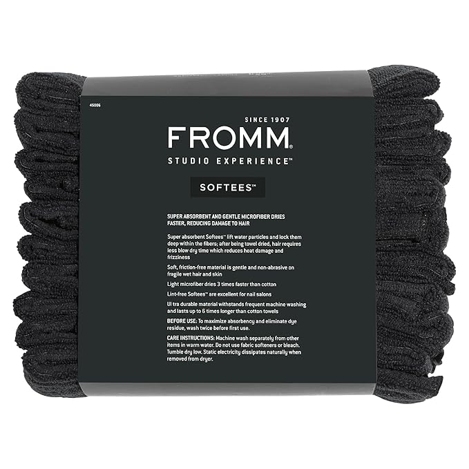 Fromm Softees Microfiber Salon Hair Towels for Hairstylists, Barbers, Spa, Gym in Black, 16" by 29", 10 count Perfect Hair Care Towel for Drying Curly, Long, Wavy Hair