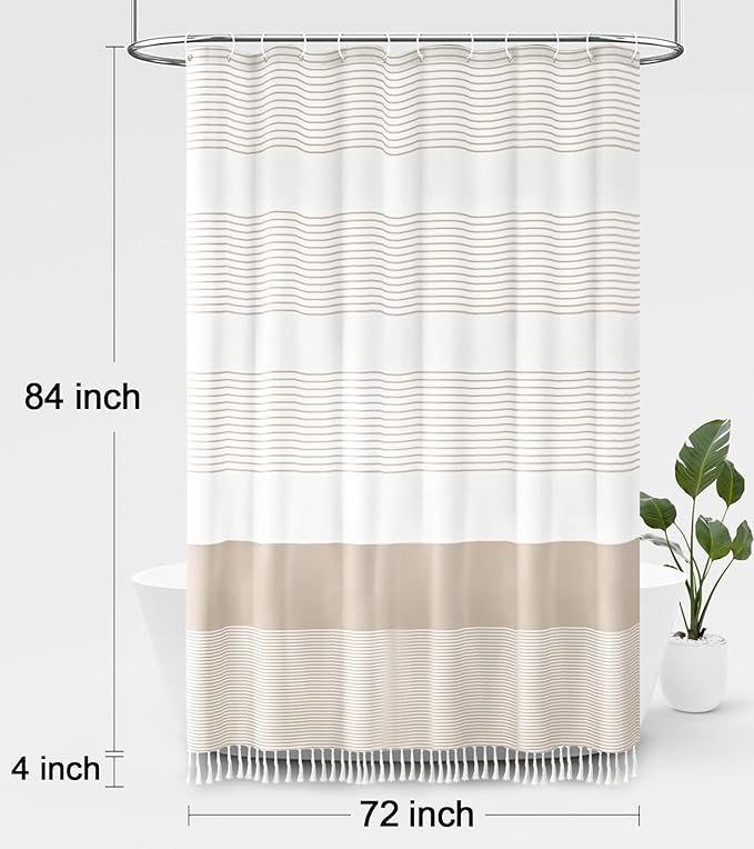Awellife Boho Beige Shower Curtain for Bathroom Extra Long Cotton Stripe Tassel Shower Curtain 72 X 84 Inches Natural Texture