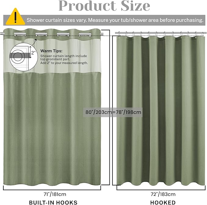 No Hook Shower Curtain with Snap in Liner Set Waffle Shower Curtain for Bathroom Hotel Style Fabric Waterproof Inner Liner,71" W x 80" H, Green