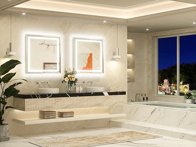 TETOTE Led Bathroom Mirror 30 x 30 with Brushed Bright Nickel Frame Anti-Fog Frontlit & Backlit Vanity Mirror Stepless Dimmable Mirrors for Bathroom Wall 3 Colors White/Warm/Natural Wall-Mounted