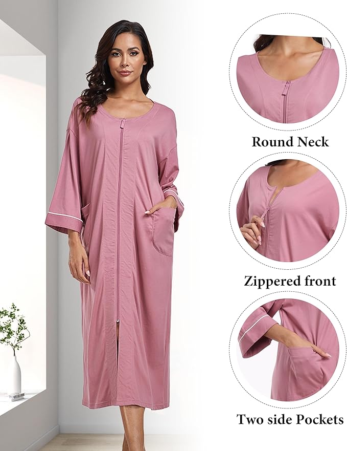 ANLIQI Women's 100% Cotton Robes Long Zipper Front House coats 3/4 Sleeve Bathrobes Lightweight Full Length Robe with Pockets