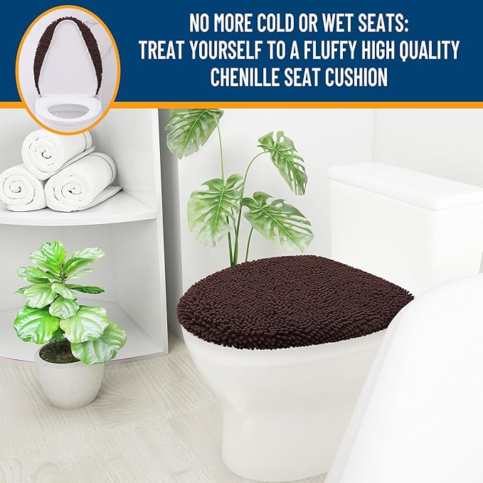 OLANLY Soft Chenille Bathroom Toilet Lid Cover, Machine Washable Seat Covers, 17.5x15, Stays in Place with Rubber Backing, Fits Most Round, Elongated and Oblong Lids, Bathroom Accessories Decor, Brown