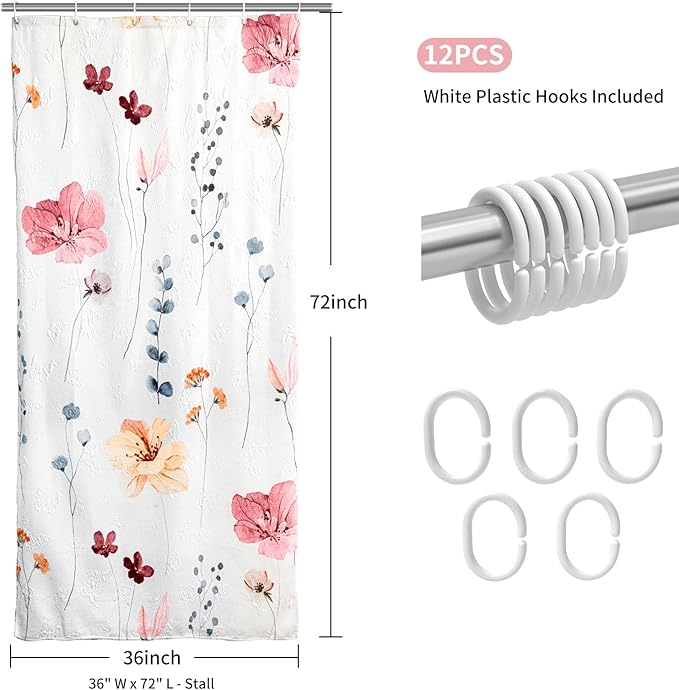 QiyI Small Stall Shower Curtain 36 x 72, Narrow Half Watercolor Floral Bath Curtains, 3D Embossed Peach Pink Flower Cloth Bathroom Curtain, Waterproof Fabric White Shower Curtain Set with Hooks