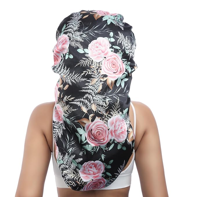 AWAYTR Long Satin Bonnet for Braids - Elastic Silk Hair Bonnets for Sleeping Night Cap Stretchy Tie Band for Women(Flower B)
