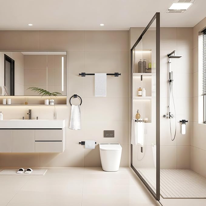 Matte Black Bathroom Hardware Set 5-Pieces, SUS304 Stainless Steel Bath Towel Bar Set Wall Mounted, Including Hand Towel Bar,Towel Ring, Toilet Paper Holder, 2Pcs Robe Towel Hook