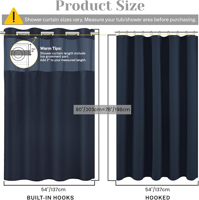 No Hook Shower Curtain with Snap in Liner Set Waffle Shower Curtain for Bathroom Hotel Style Fabric Waterproof Inner Liner,54" W x 80" H, Navy Blue
