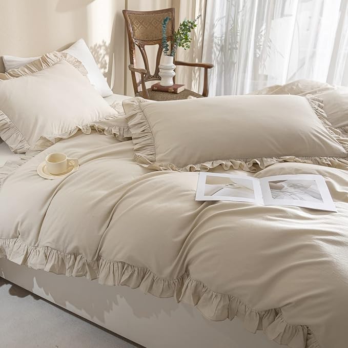 QSH Washed Cotton Queen Duvet Cover Set Ruffle Duvet Cover Linen Textured Farmhouse Shabby Vintage Chic Bedding Comforter Cover 3 Pieces Aesthetic French Country Queen Bed Set