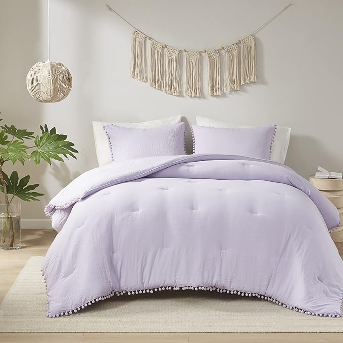 Codi Lavender Purple Boho Twin Comforter Set for Girls, Aesthetic Pom Fringe Design Cute Bedding, Soft Washed Microfiber Bed Sets, Lightweight Chic,1 Comforter & 1 Pillowcase