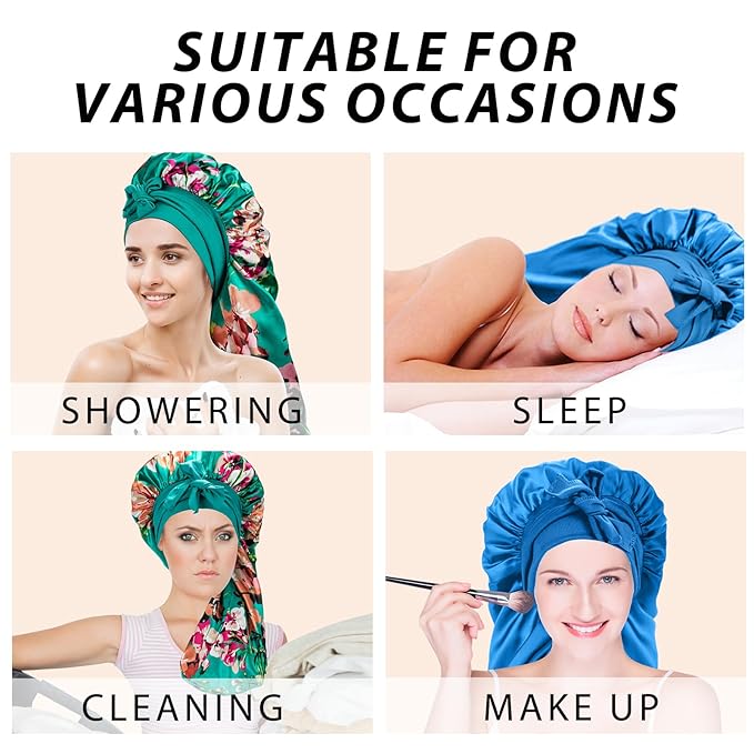 2Pcs Bonnets for Black Women Braid Bonnet, Large Long Satin Silk Bonnet for Braids,Black Women Braid Bonnet with Stretchy Tie Band for Sleeping Extra Long (Blue&Printing Flower) Purple
