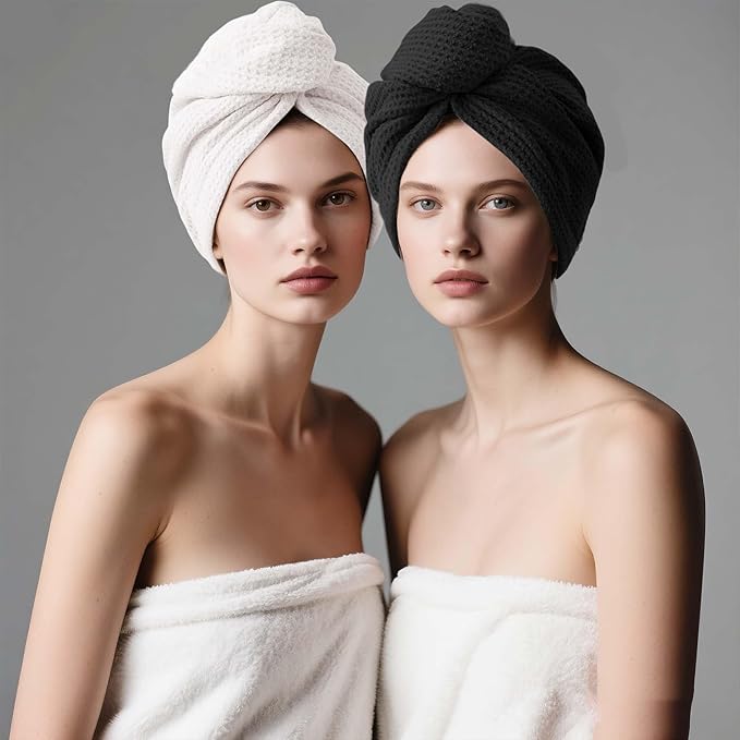 2 Pack Microfiber Hair Towel Wrap for Women, 32" x 11" Waffle Weave Hair Plopping Towel for Curly, Long & Thick Hair, Anti-Frizz Hair Turbans for Wet Hair (White, Grey)