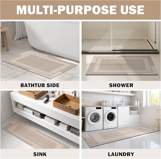 Non Slip Long Bath Mat Bathroom Runner, Rubber Backing Ultra Thin Bathroom Rugs Fit Under Door Quick Dry Super Absorbent Washable Bath Rug Shower Mat for Bathtub Sink Floor, Beige 17"x47"