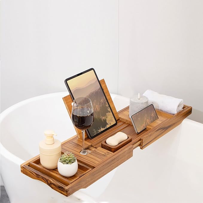 XcE Teak Bathtub Tray Expandable to 105cm with Solid Book Stand and Soap Tray, Teak